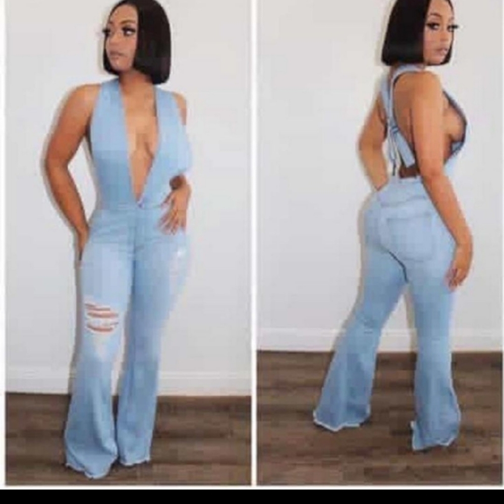 Flared light blue denim jumpsuit